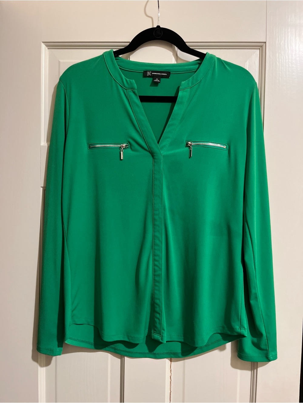 INC International Concepts Emerald Green V-Neck Zip-Pocket Blouse